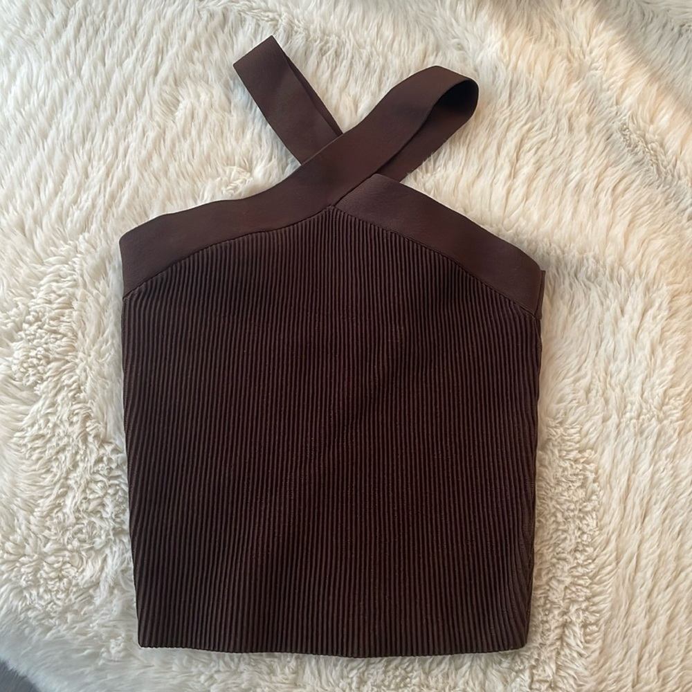 Aritzia babaton sculpt knit criss cross chocolate brown tank